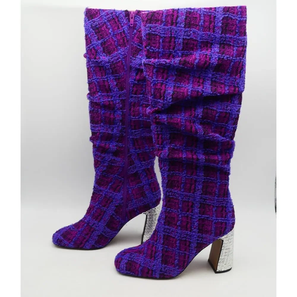 NEW Betsey Johnson Women's 6 Declaan Tall Boots Purple Tweed Rhinestone Heels